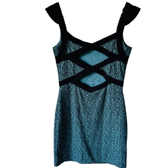 Free People Dress Sm Cross My Heart Teal Black Fitted Mini Back Cut Out Sexy - Picture 2 of 13